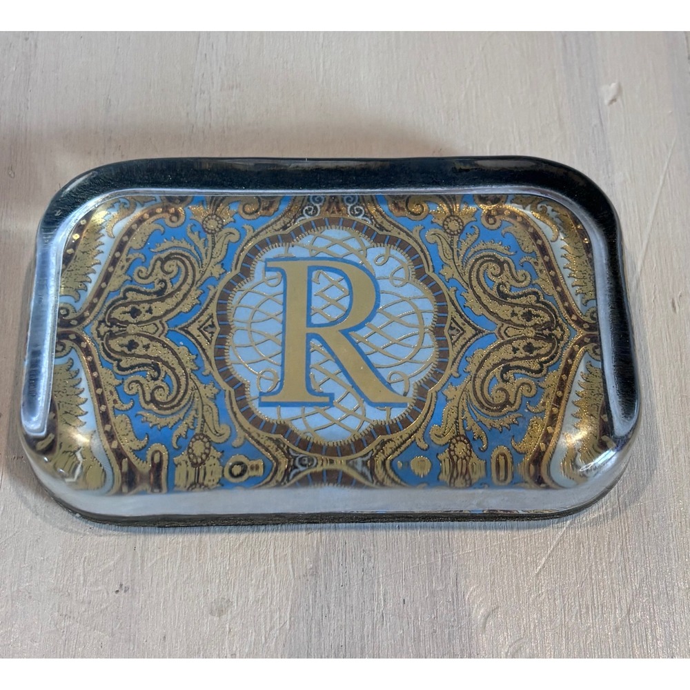 Punch Studio Monogram R Glass Paperweight Desk Accessory Gold Blue Victorian